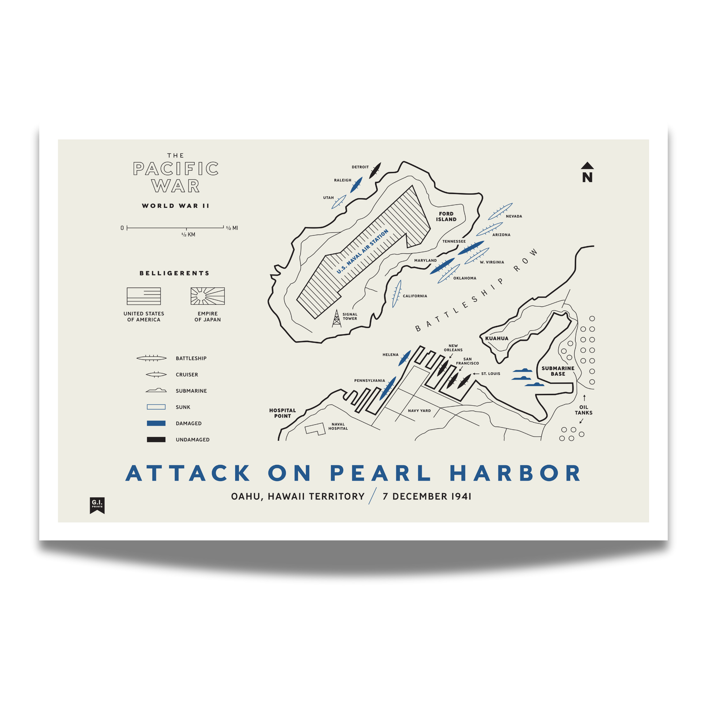 Map of the Attack on Pearl Harbor with labels and annotations on a beige background