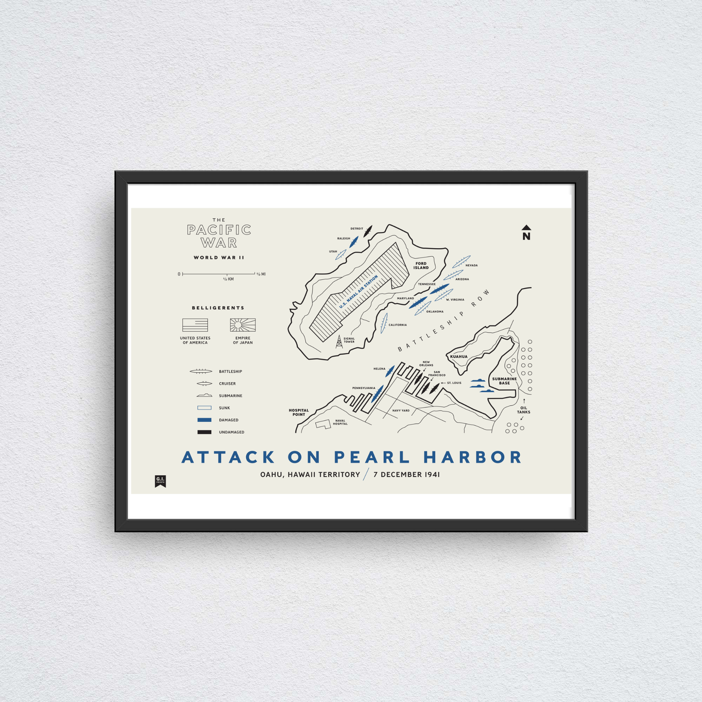 Framed map poster of the Attack on Pearl Harbor on a light gray wall.