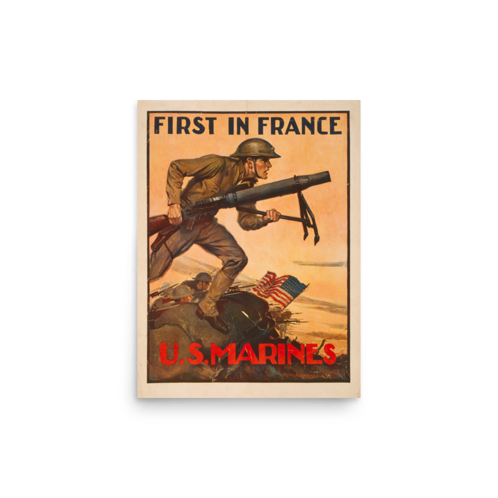 First In France | Go Over the top with the Marines | Vintage Poster